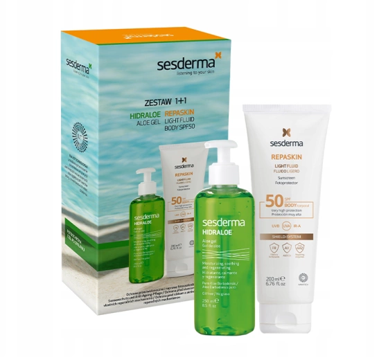 Sesderma zestaw kosmetyków balsam do opalania SPF50 Repaskin 200 ml   żel aloesowy Hidraloe 250 ml