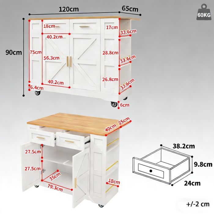 Îlot de Cuisine avec Plateau Extensible - 2 Portes + 2 Tiroirs + Espace de Rangement latéral+Étagères Réglables et 6 Roues