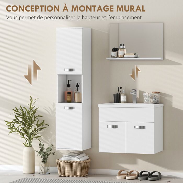 Ensemble de Meubles de Salle de Bain - kleankin - 4 Pièces - Mural - Miroir, Meuble sous Vasque, Lavabo et Armoire Haute - Blanc