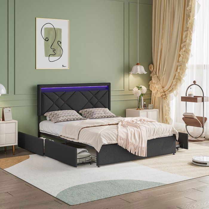 Set completo per camera da letto per adulti, base letto 160x200, letto matrimoniale, letto contenitore 160x200, letto a LED, testiera a LED, 4 cassetti, biancheria, grigio scuro.