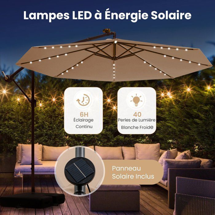 3M Cantilever Parasol - 40 LED-lampjes - COSTWAY - Kruisvoet met zandzak - Beige - UV-bescherming 20+ - Zonnepaneel voor 6 uur