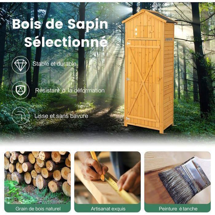 Abri de Jardin en Bois de Sapin 180,5 cm COSTWAY-3 Etagères Amovibles-Table Pliable-Toit en Asphalte Imperméable-8 Crochets-Naturel