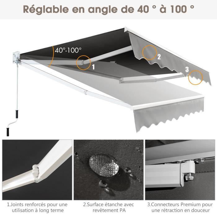 Toldo retráctil manual COSTWAY 295x250CM Ángulo ajustable 40°-100° No requiere perforación Metal y tela para ventana/balcón/jardín Gris