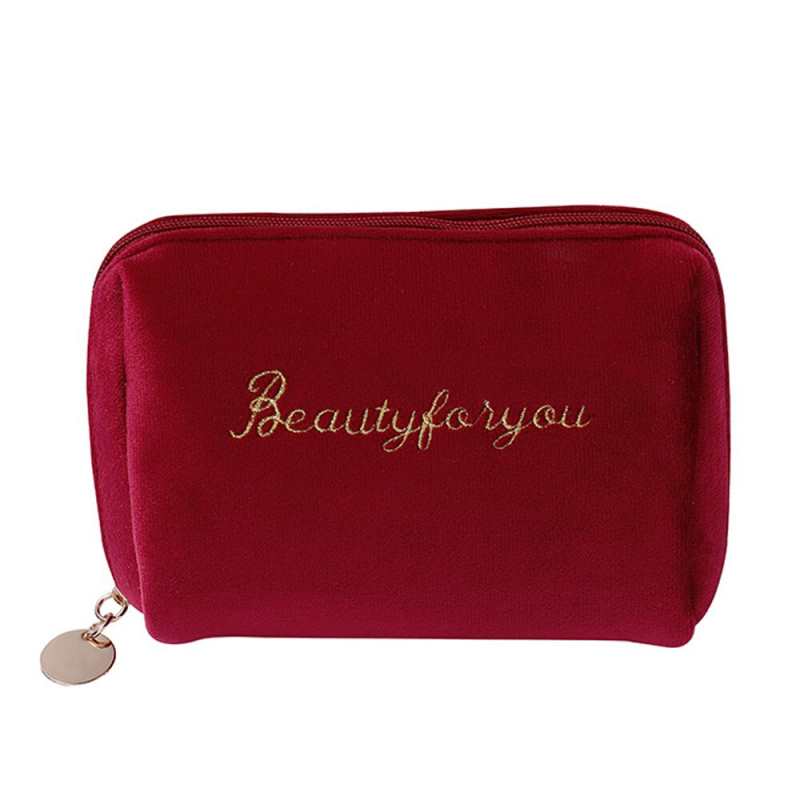 Borsa da viaggio per cosmetici da donna in velluto con cerniera, piccola e capiente, tinta unita, elegante e femminile, ideale come borsa essenziale per il trucco.