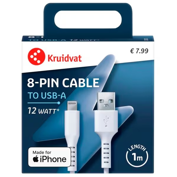 Nabíjací kábel Kruidvat s 8 kolíkmi, biely, 1 m