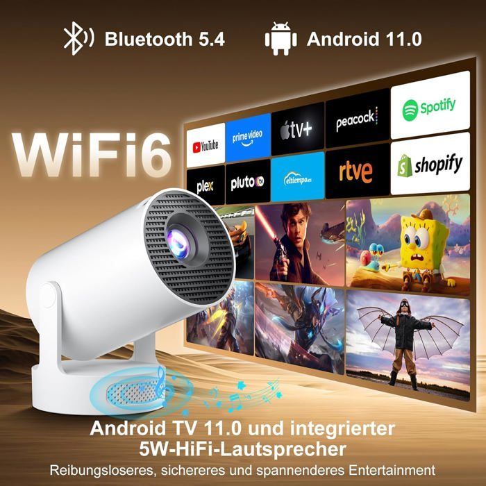 Proyector portátil TRAHOO - Compatible con 4K y 1080P - WiFi 6 - Bluetooth 5.4 - Android 14.0