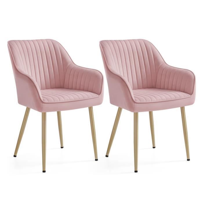 Chaise Salle à Manger, lot de 2, Chaise de Cuisine, Fauteuil en Velours, Rembourrée, avec Accoudoirs, Rose Bonbon et Doré Clair