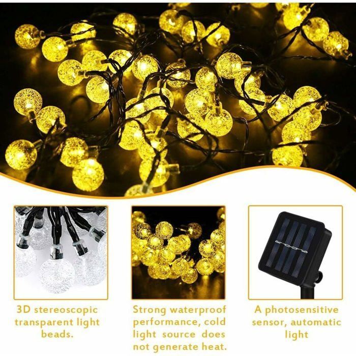 Guirlande lumineuse solaire d'extérieur, 100 LED, boules de cristal, étanche, pour extérieur/intérieur, jardin, balcon, arbres,