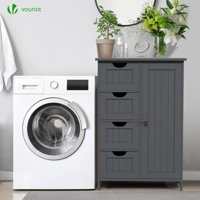 Mueble de baño VOUNOT® 55x30x82cm - Armario de almacenamiento con 4 cajones, 1 puerta y 1 estante ajustable - Gris