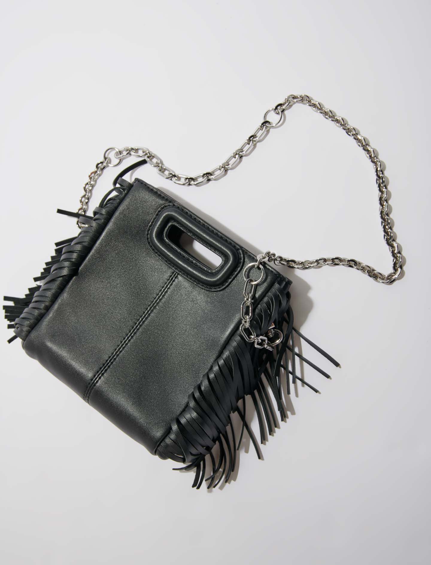 Kleine leren handtas met franjes (M) - Zwart