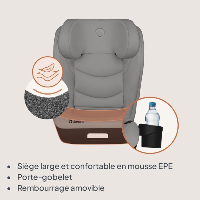 LIONELO Neal i-Size Kindersitz 100–150 cm – ISOFIX – Getränkehalter – Breiter Sitz – Verstellbare Rückenlehne – Gruppe 2/3 – Grau
