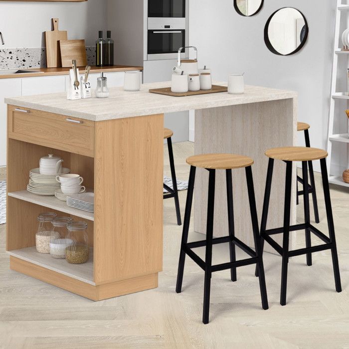 IDMARKET Ilot central mange-debout 4 personnes VITO 130 cm bois et plateau effet travertin