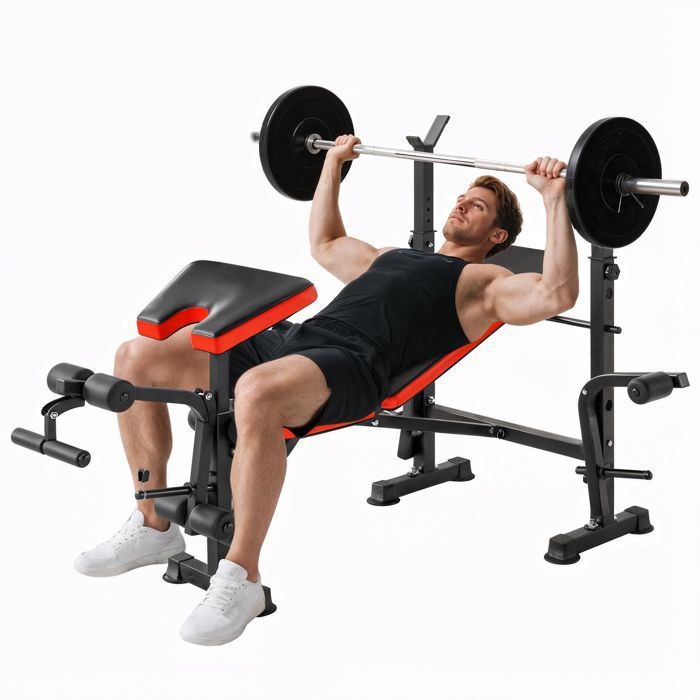 Banc de musculation - HOMCOM - avec support d'haltères - dossier réglable - acier - 175 x 139 x 127 cm - noir et rouge