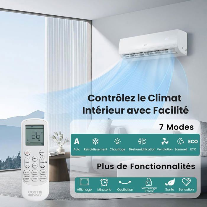 Aire acondicionado fijo mono-split Costway de 9000 BTU y 2,6 kW con refrigerante R32 - Temperatura de funcionamiento: 16-31 °C - Bomba de calor - Superficie: 22 m² - Kit de conexión completo de 4 m - Temporizador de 24 horas - Clase energética A++