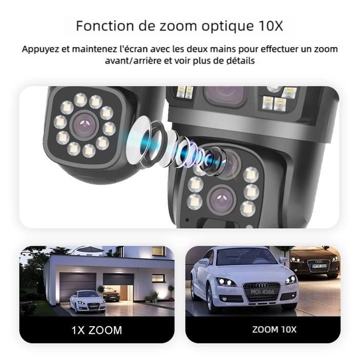 Caméra de surveillance 4G solaire 6MP PTZ à 3 objectifs, zoom optique 10X, vision nocturne etaudio bidirectionnel