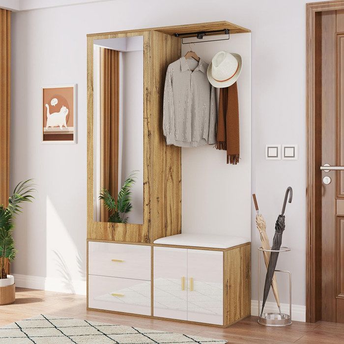 White and wood entryway wardrobe with mirror, shoe cabinet, shoe bench with hooks and sliding hangers
