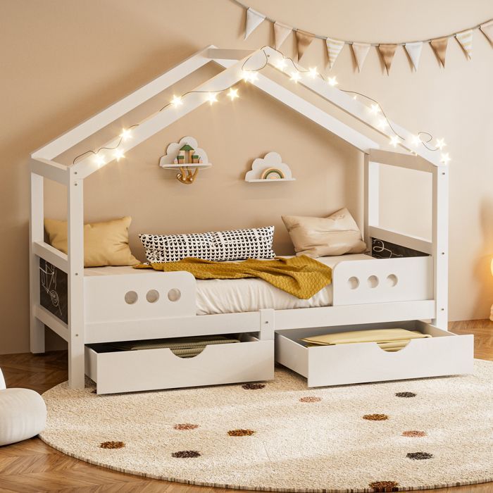 Cama infantil blanca de 90 x 200 cm, cama tipo litera con tablero de dibujo, 2 amplios cajones de almacenamiento y diseño de techo - Madera maciza + MDF
