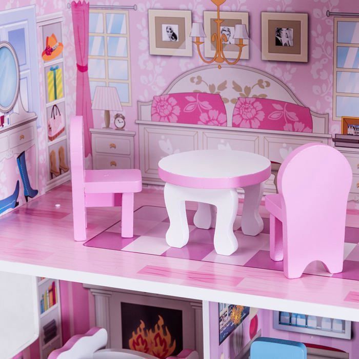 Maison de Poupée en Bois COSTWAY 13 Accessoires à 3 Etages 61 x 26,5 x 71 CM Cadeaux pour Enfants 3 Ans+ Rose.