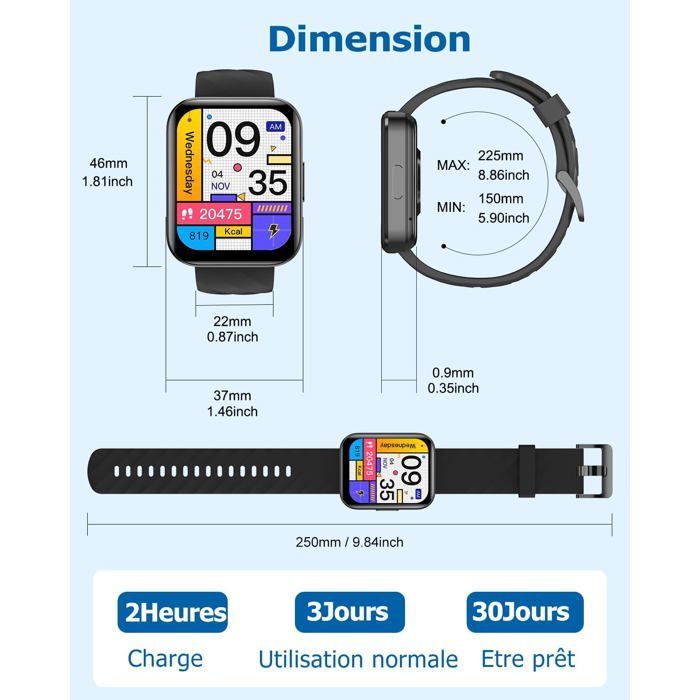 Reloj inteligente ZOKKO - Negro - AsteroidOS - 1,85 pulgadas - Bluetooth - Mensajería de texto - Monitor de actividad