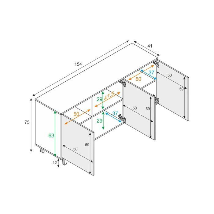 Buffet Arvada, 154x41h75 cm, blanc
