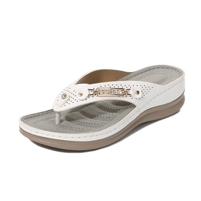Tongs de Marche Femme Été Compensées en Simili Cuir - Blanc