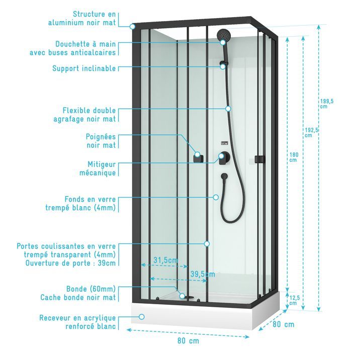 Vierkante douchecabine 80x80x200 cm - Schuifdeuren - Witte achterwand & Matzwarte profielen