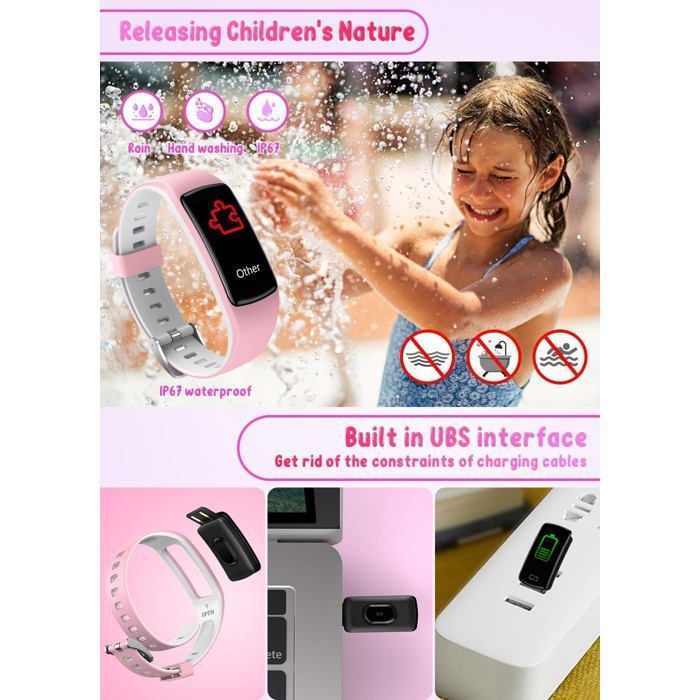 Kindersmartwatch voor sport: 2,4 cm (0,96 inch) verbonden fitnessarmband met stappenteller voor meisjes en jongens (roze)