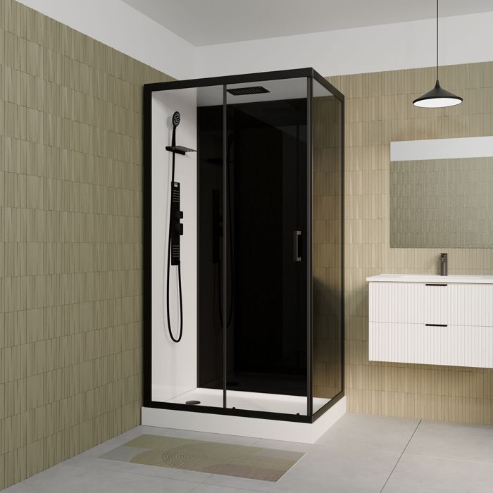 Mampara de ducha 110x80x215cm - Cristal templado - Grifo monomando negro - DUALITY 4 RECTANGLE
