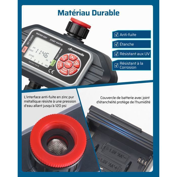 Controlador de riego exterior de 4 vías DEWENWILS - 4 programas por zona - Temporizador de riego automático para jardín - Resistente al agua