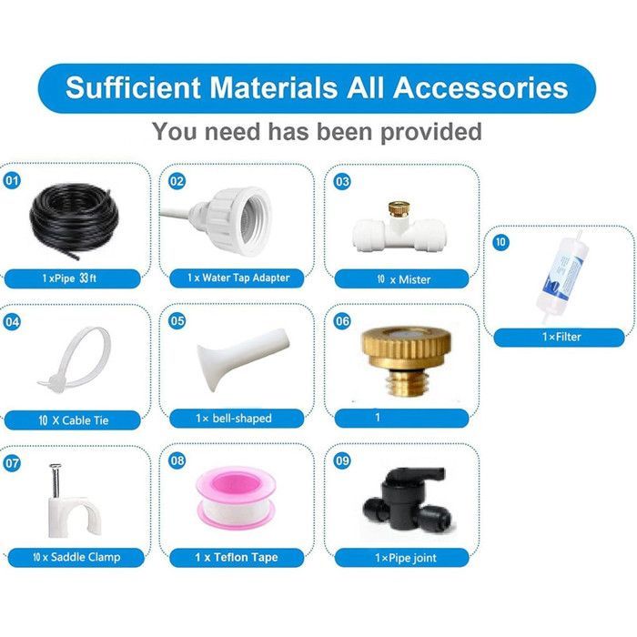 Terrace misting system, Outdoor terrace misting hose, Terrace misting kit, Mist nozzles with T-joint (10M)