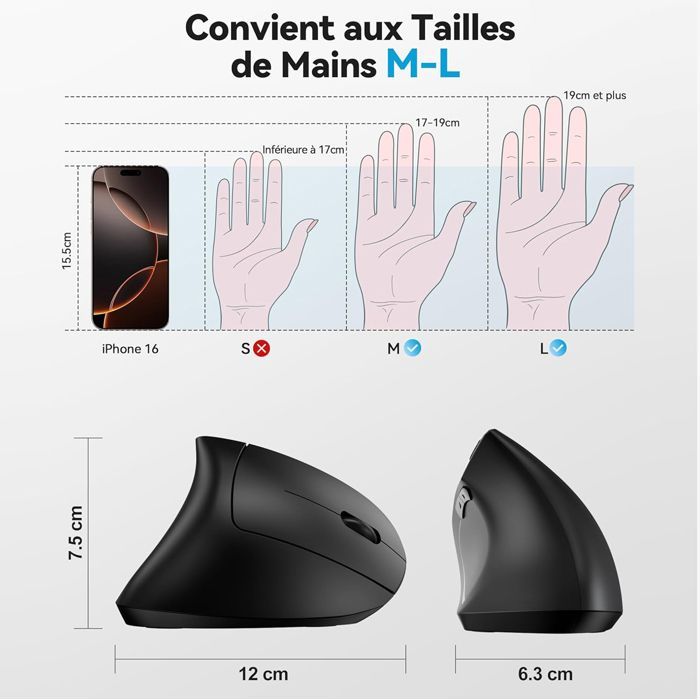 Souris Ergonomique sans Fil Rechargeable, Bluetooth + 2,4G Wireless Mouse, 1600 DPI,  Plug and Play, pour Droitier, PC, Mac