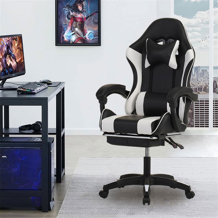 Chaise Gaming - Ergonomie Chaises de Gamer - Support Lombaire - Pédales Rétractables - Blanc