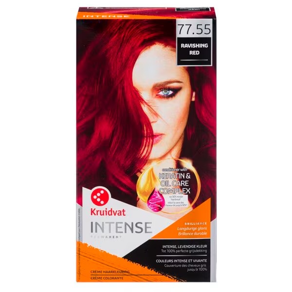 „Kruidvat Intense 77.55“ žavūs raudoni kreminiai plaukų dažai.