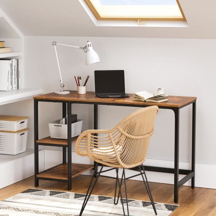 Bureau avec Rangement, Cadre en Métal, Postes de Travail pour Bureau, 120x60x75 cm, Marron Rustique et Noir