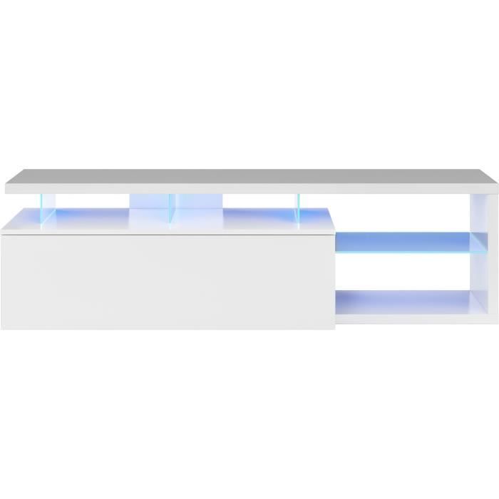 Mueble para TV reversible BLUE-TECH - Melamina lacada en blanco - 1 puerta abatible - Iluminación LED - Blanco brillante - 150 x 41 x 43 cm (ancho x profundidad x alto)