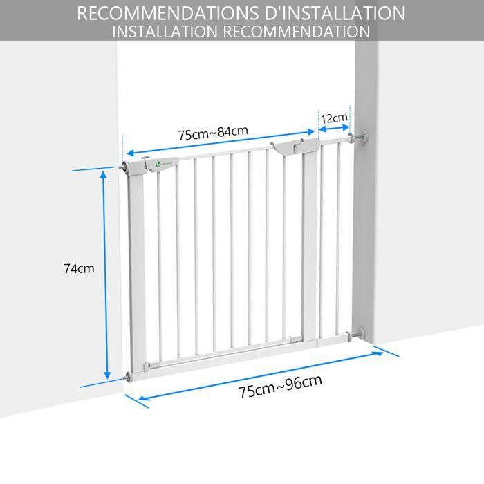Puerta de seguridad metálica VOUNOT® - 88 a 96 cm - No requiere perforación - Cierre automático y magnético, sistema de doble bloqueo - Blanco