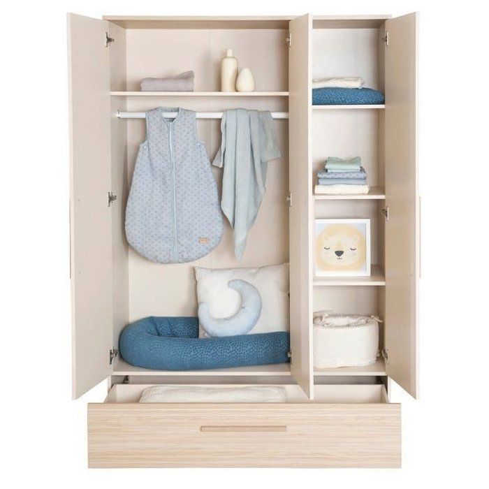 Conjunto de tres muebles para habitación infantil: cuna convertible de 70 x 140 cm + cambiador + armario - SIDNEY - ROBA - Roble / Beige