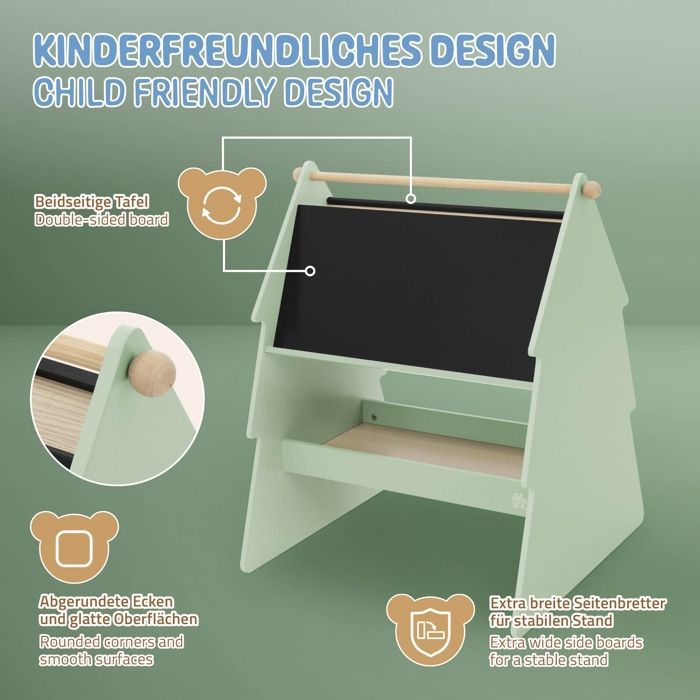 Joyz Tableau Enfant Double Face Design Sapin 68x60x80 cm Etagère en Bois Vert Nature avec Tige pour Rouleau de Papier