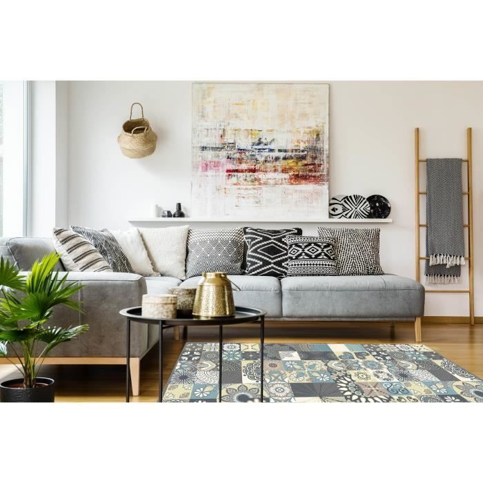 Tapis Vinyle Panorama Carreaux Ciments Cuisine Bleu 60x200 cm - Tapis pour Cuisine, Bureau et Salon en PVC