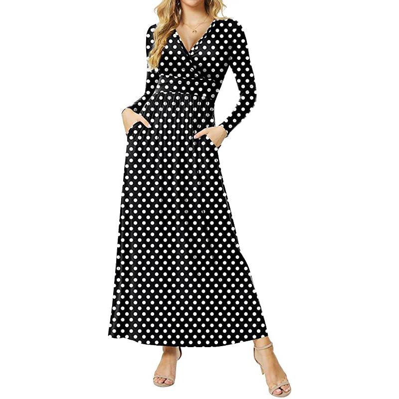 Abito lungo casual da donna a maniche lunghe con scollo a V profondo e vita plissettata, con tasche.