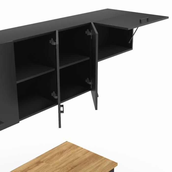 Cocina completa IDMARKET SUBTIL de 180 cm con encimera negra de 5 pulgadas y estantes de madera.