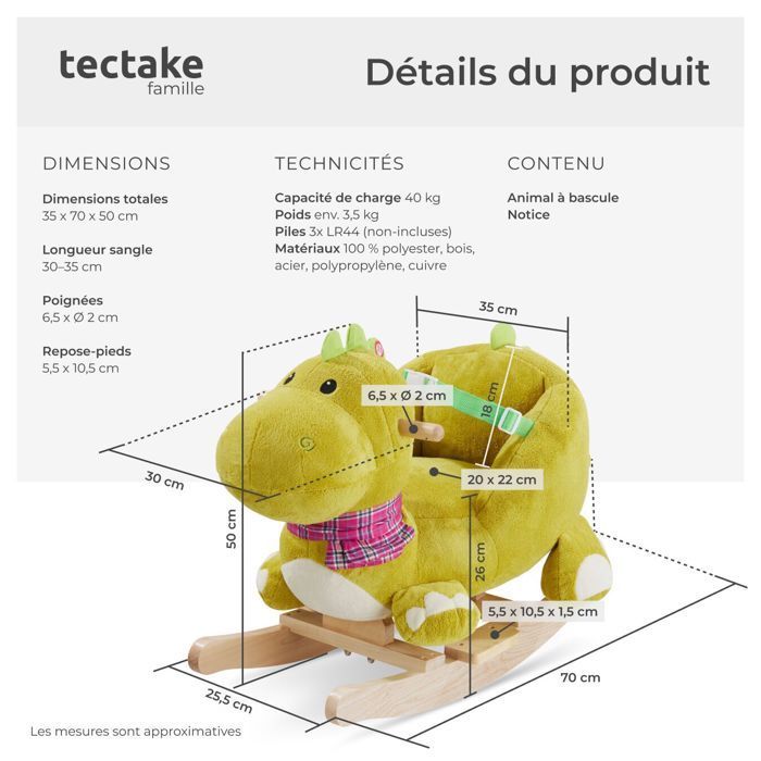 Rocking Toy - TECTAKE - Rocking Dinosaur with Plush Cover, Ages 12 Months+, 35 x 70 x 50 cm - Green
