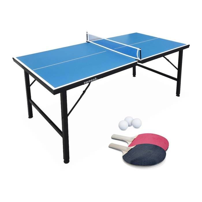 Mini mesa de ping-pong azul para interiores, 150x75cm, con 2 paletas y 3 pelotas.