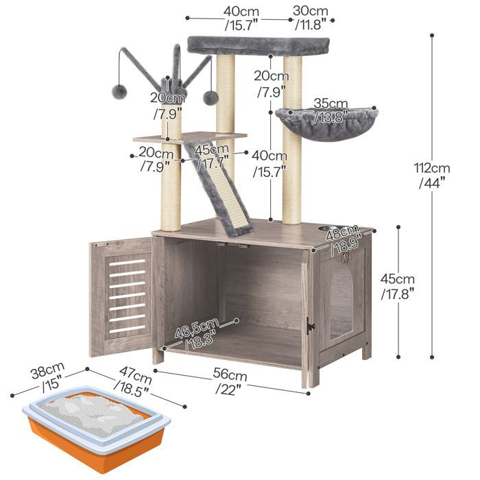 HOOBRO Cat Tree with Cat Litter Box, Wooden Cat House with Cat Tower, Greige