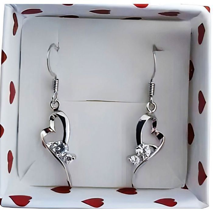 Boucles d'Oreilles - Femme - Pendantes - Coeur - Cristal - Blanc - Argent 925/1000 - 35 x 10 mm