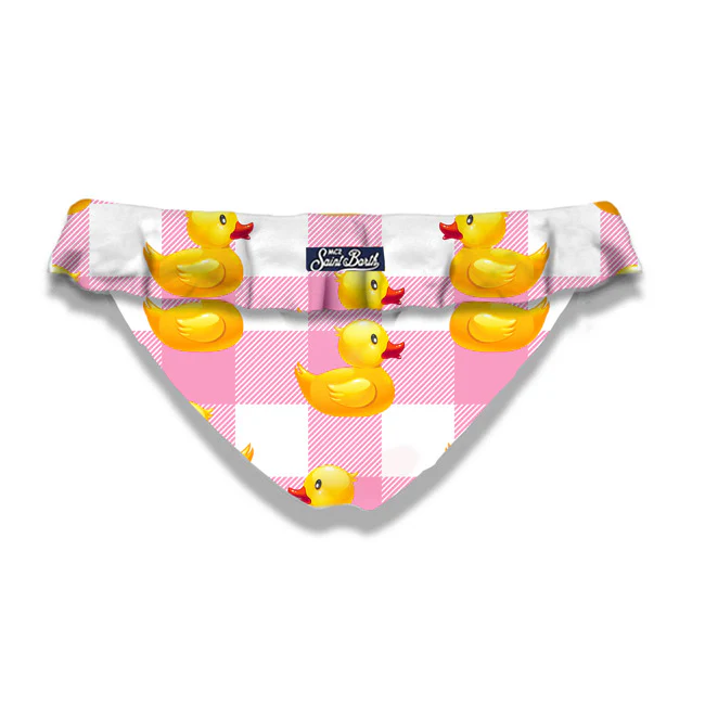 Calção de banho infantil com babados e estampa de patinhos.
