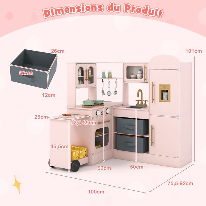 Cuisine Enfants XXL Interactif COSTWAY en Bois - 3 Ans+ avec Plateau Rétractable, Lumières et Sons 16 Accessoires Rose
