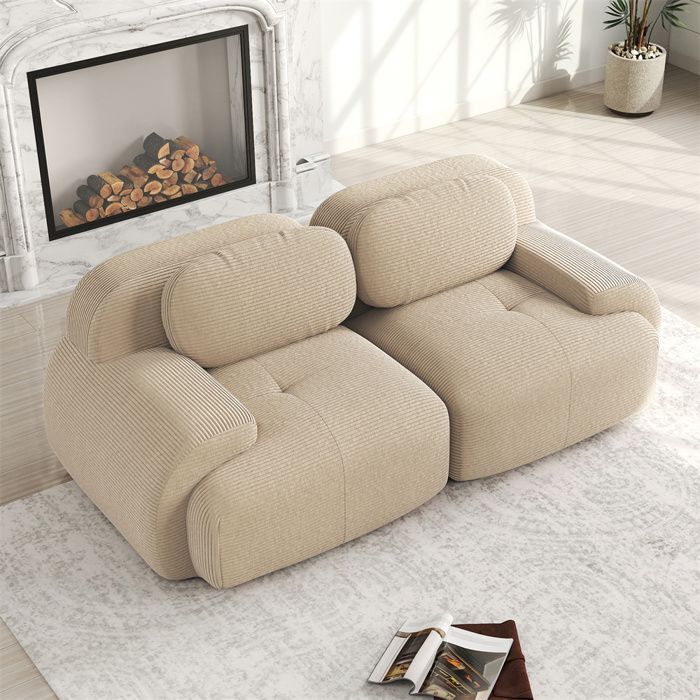 Sofá de 2 plazas DRIPEX de 208 cm en pana, sofá modular con reposabrazos curvos, totalmente comprimido, color beige.