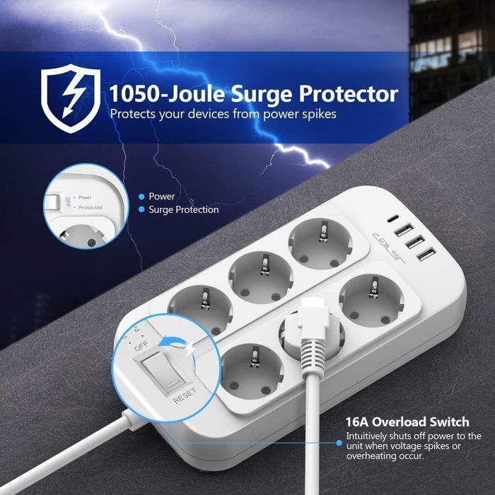 Regleta de enchufes 3M, regleta de 6 tomas con 4 puertos de carga USB (3 USB-A + 1 USB-C), protector contra sobretensiones, pararrayos.