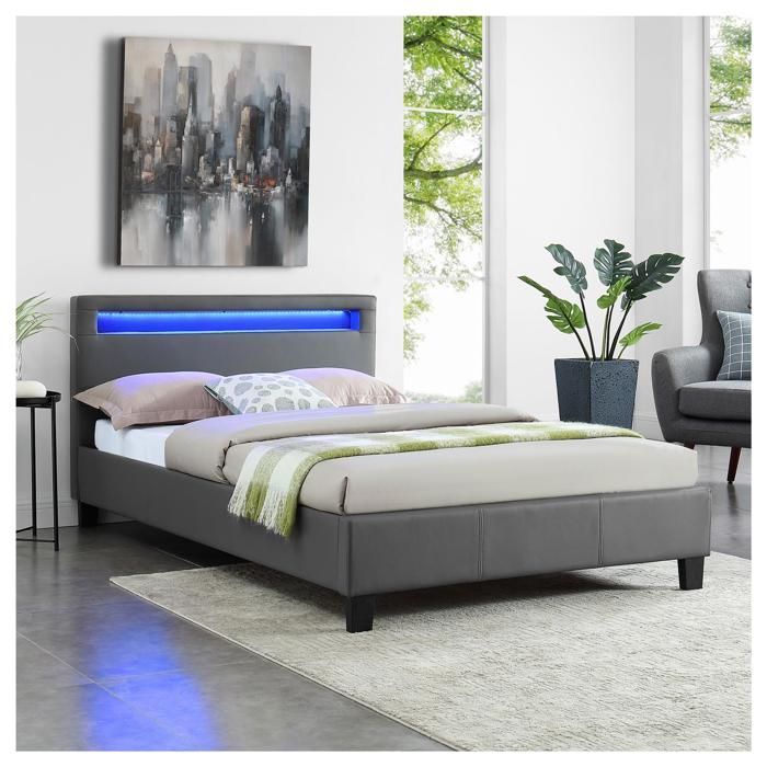 Cama de solteiro LED 120x190 cm com estrado de ripas, cabeceira confortável, estofamento em tecido sintético cinza, MIRANDO